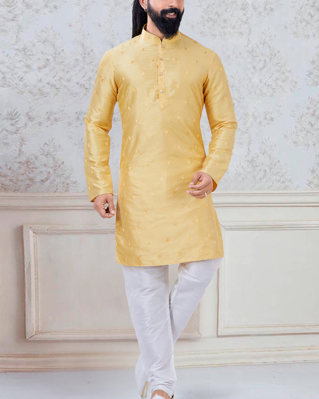 Marvelous Yellow Silk Mens Kurta Pyjama Set