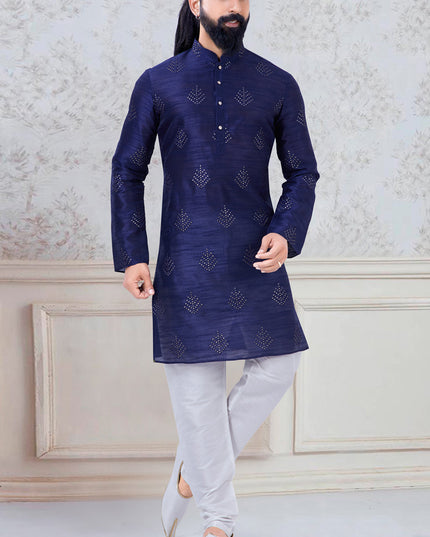 Alluring Navy Blue Silk Mens Kurta Pyjama Set