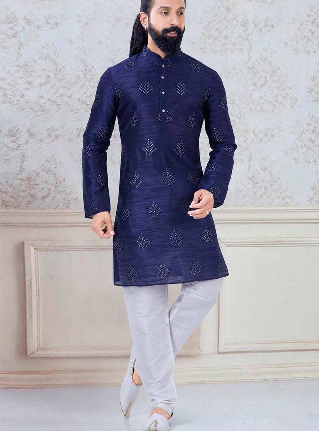 Alluring Navy Blue Silk Mens Kurta Pyjama Set