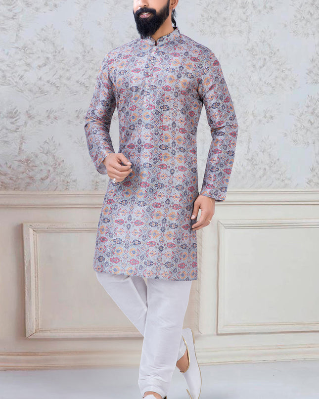 Dashing Grey Silk Mens Kurta Pyjama Set
