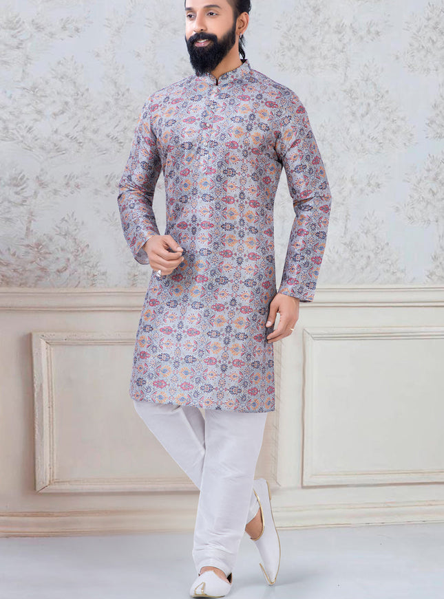 Dashing Grey Silk Mens Kurta Pyjama Set