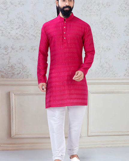 Marvelous Rani Pink Georgette Mens Kurta Pyjama Set