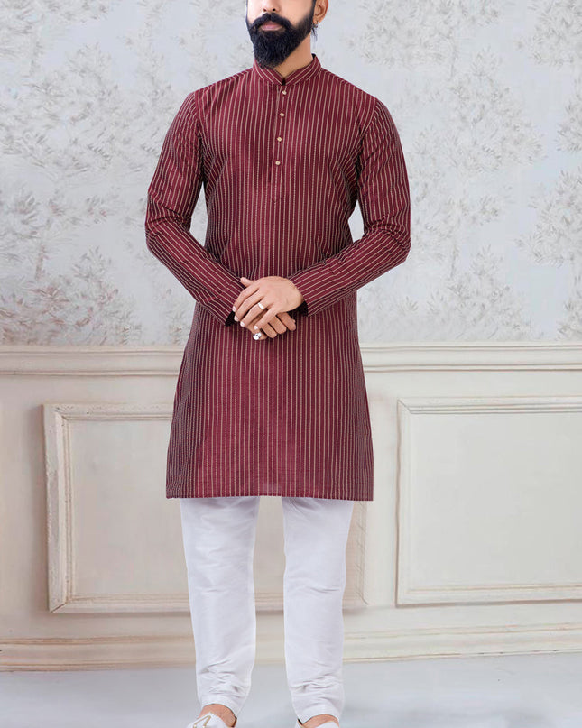 Alluring Maroon Silk Mens Kurta Pyjama Set