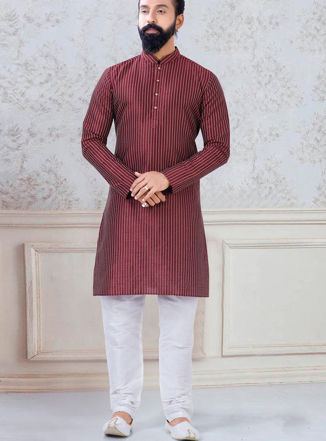 Alluring Maroon Silk Mens Kurta Pyjama Set