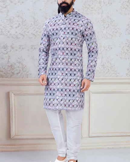 Outstanding Grey Silk Mens Kurta Pyjama Set