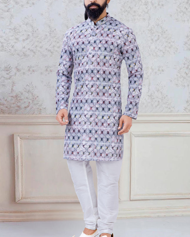 Outstanding Grey Silk Mens Kurta Pyjama Set
