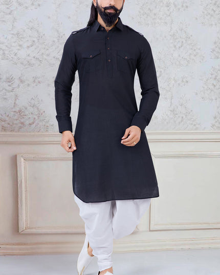 Marvelous Black Cotton Mens Kurta Pyjama Set