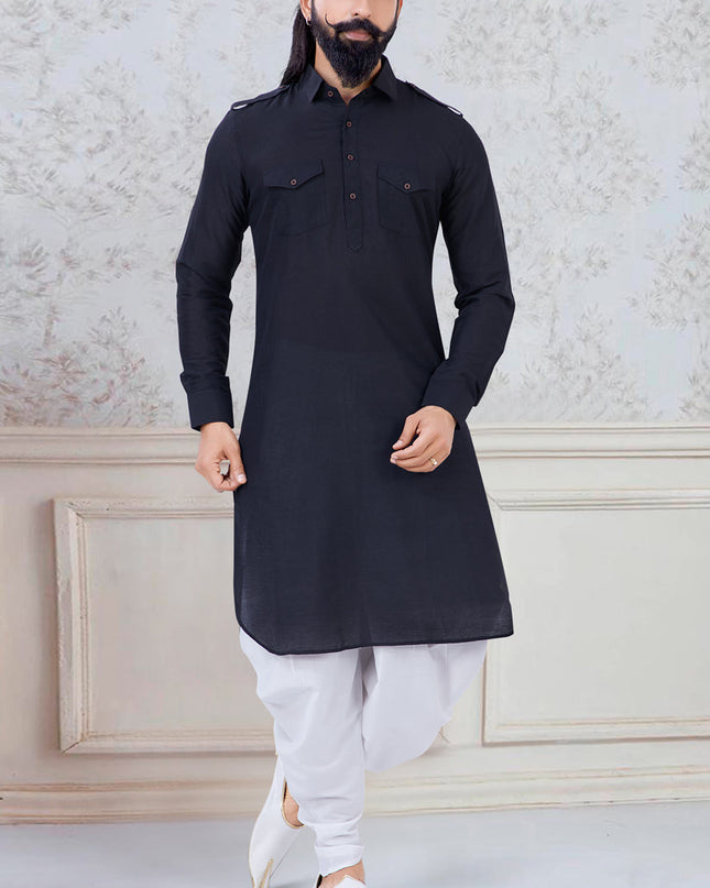 Marvelous Black Cotton Mens Kurta Pyjama Set