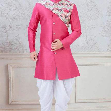 Outstanding Rani Pink Silk Mens Indo Western