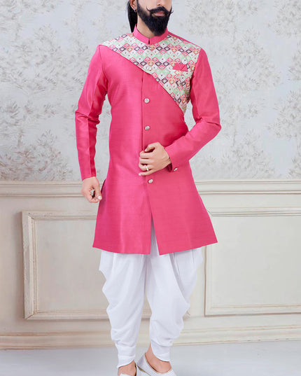 Outstanding Rani Pink Silk Mens Indo Western