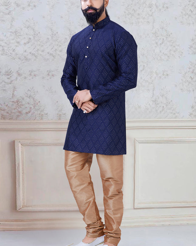 Marvelous Navy Blue Silk Mens Kurta Pyjama Set