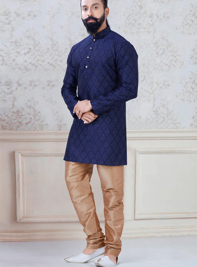 Marvelous Navy Blue Silk Mens Kurta Pyjama Set