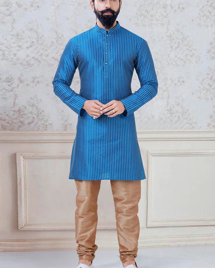 Alluring Sky Blue Silk Mens Kurta Pyjama Set