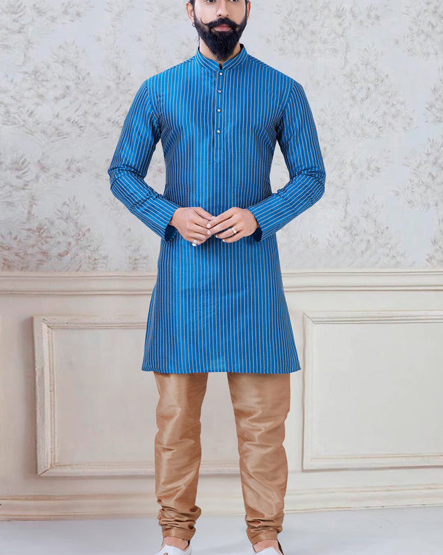 Alluring Sky Blue Silk Mens Kurta Pyjama Set