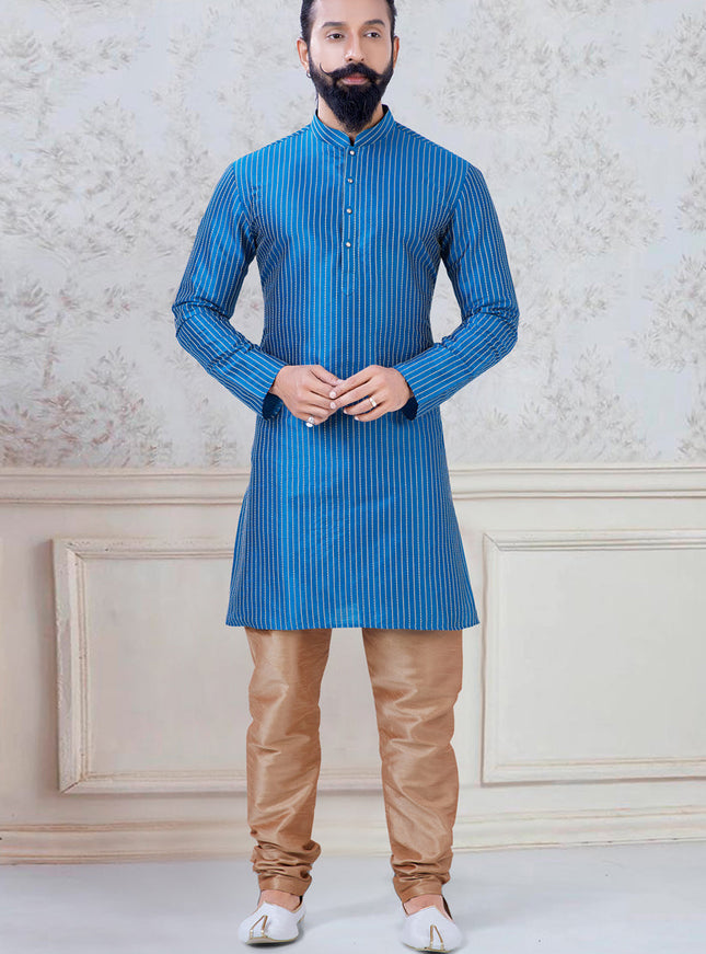 Alluring Sky Blue Silk Mens Kurta Pyjama Set