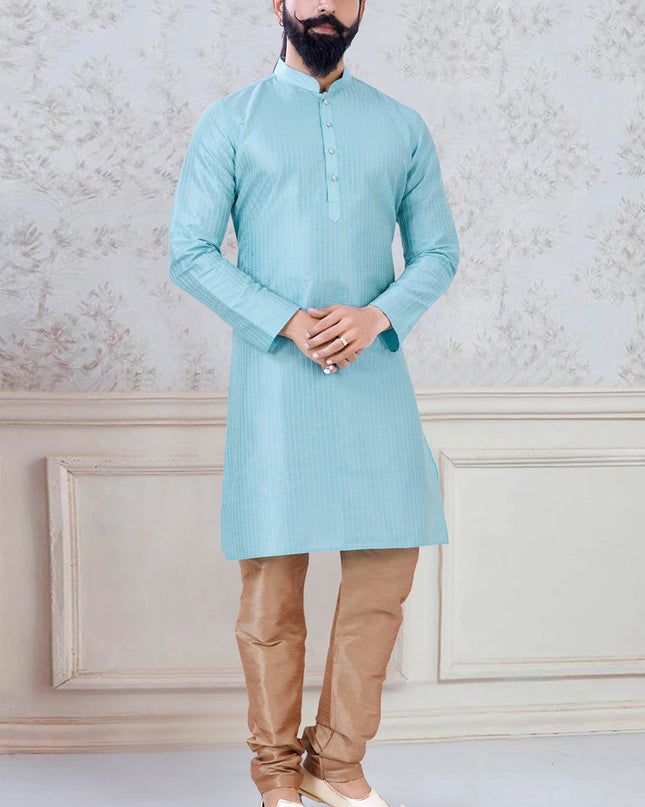 Dashing Sky Blue Silk Mens Kurta Pyjama Set
