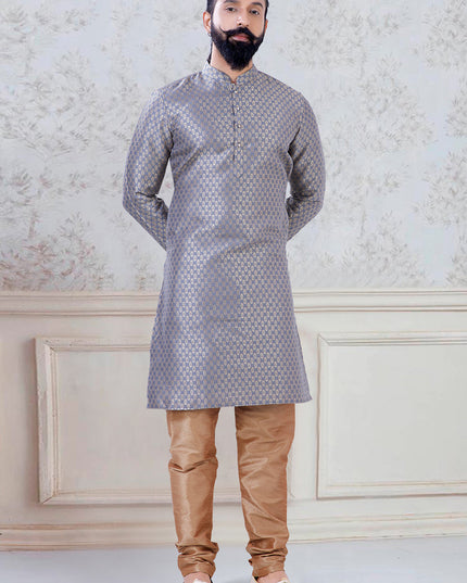 Outstanding Grey Brocade Mens Kurta Pyjama Set
