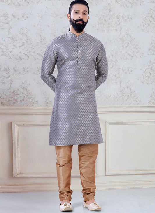 Outstanding Grey Brocade Mens Kurta Pyjama Set