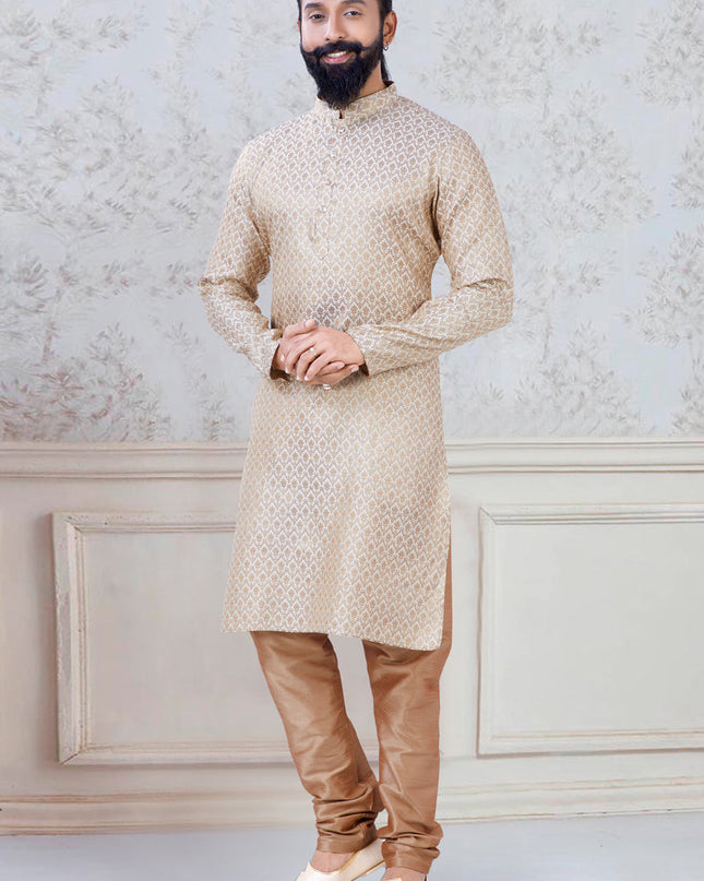 Marvelous Beige Brocade Mens Kurta Pyjama Set