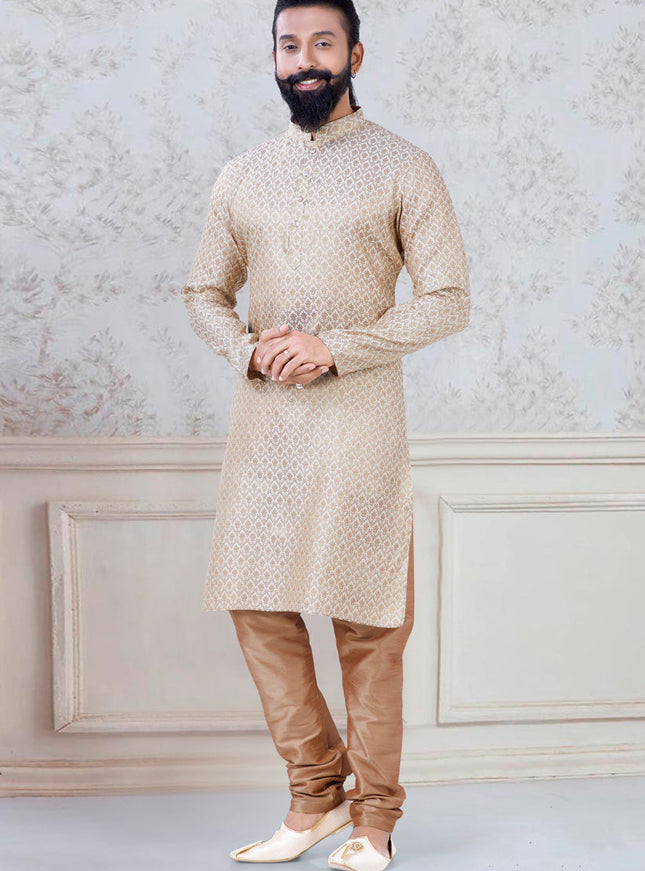 Marvelous Beige Brocade Mens Kurta Pyjama Set