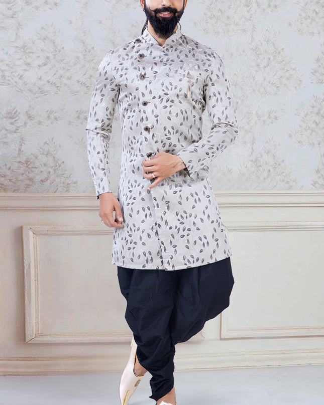 Outstanding Grey Jacquard Mens Indo Western