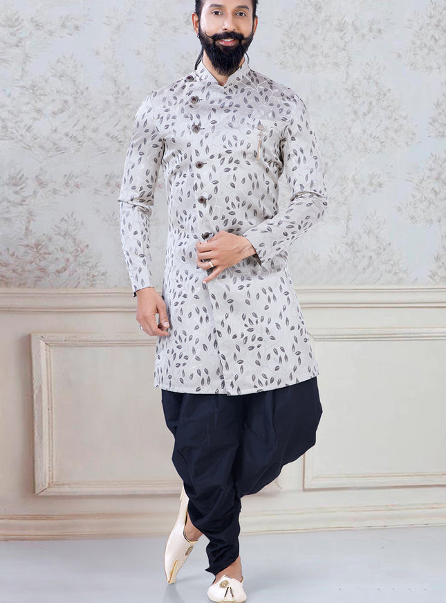 Outstanding Grey Jacquard Mens Indo Western