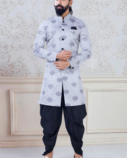 Marvelous Grey Jacquard Mens Indo Western