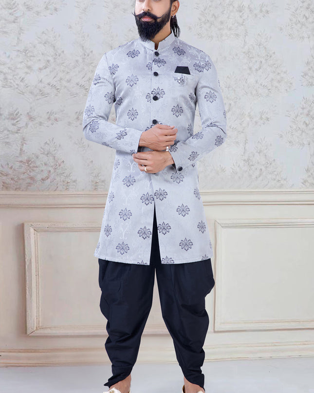 Marvelous Grey Jacquard Mens Indo Western