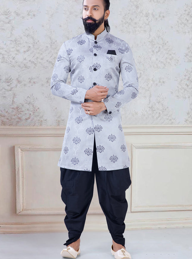 Marvelous Grey Jacquard Mens Indo Western