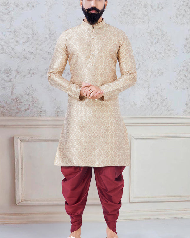 Alluring Beige Jacquard Mens Kurta Pyjama Set