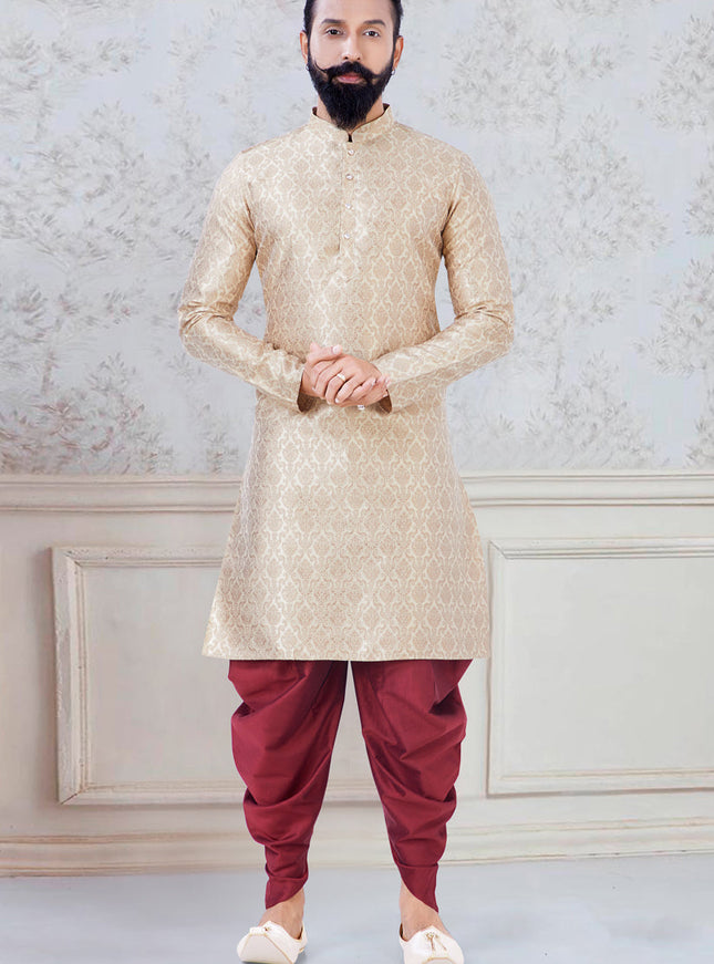 Alluring Beige Jacquard Mens Kurta Pyjama Set