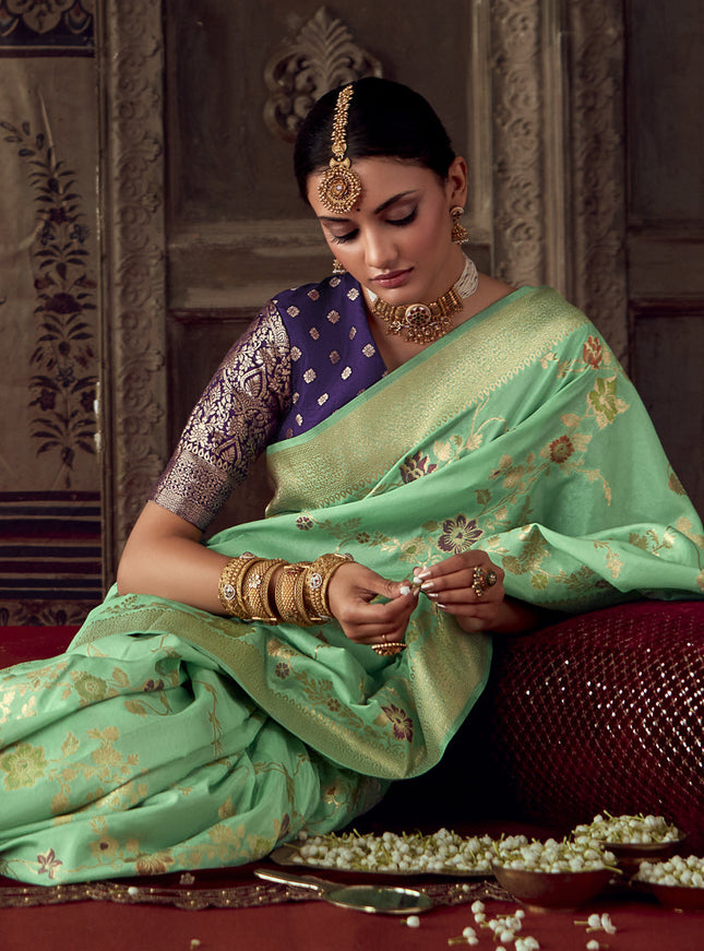 Sea Green Banarasi Crepe Georgette Zari Woven Saree