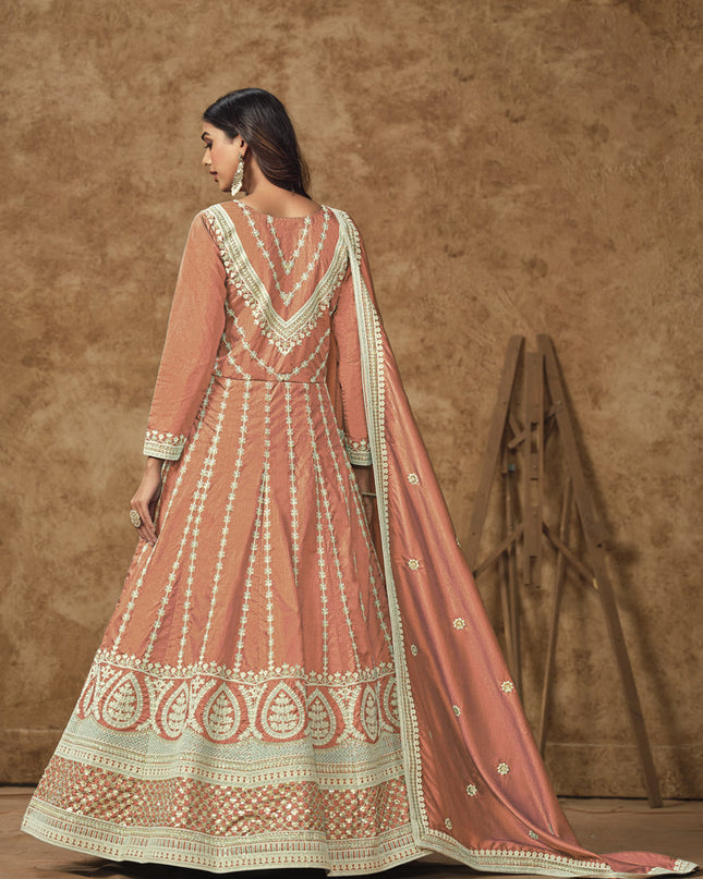salmon orange dola silk embroidered gown with dupatta