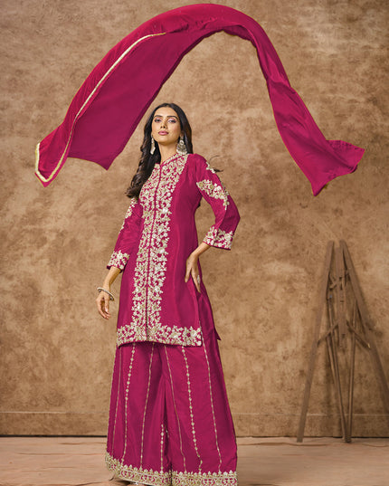 raspberry pink chinnon silk embroidered palazzo kameez