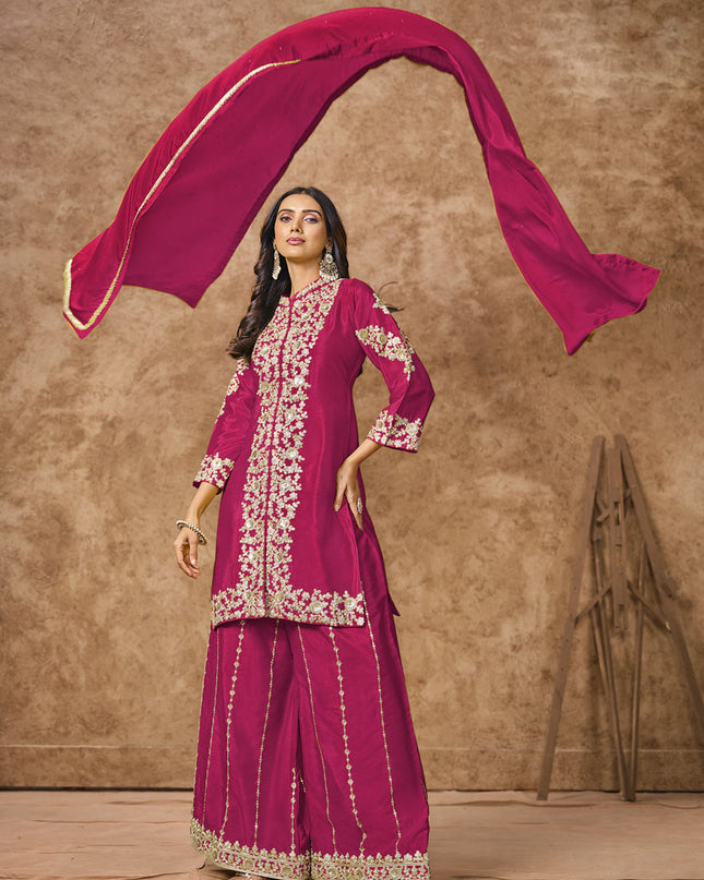 raspberry pink chinnon silk embroidered palazzo kameez