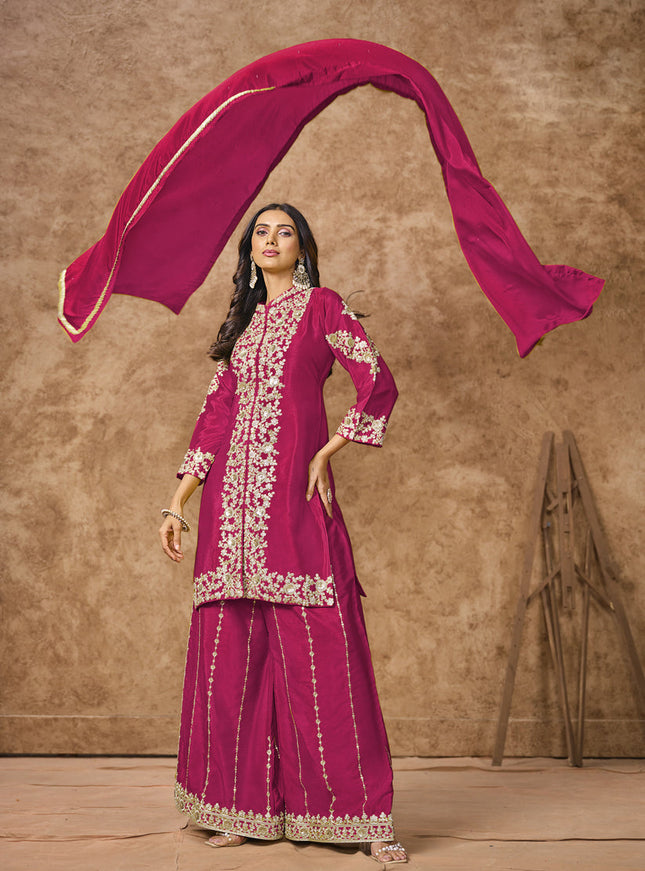 raspberry pink chinnon silk embroidered palazzo kameez