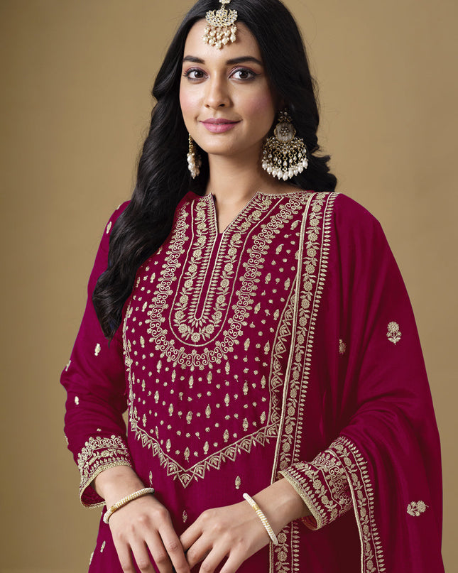 magenta art silk readymade embroidered sarara kameez