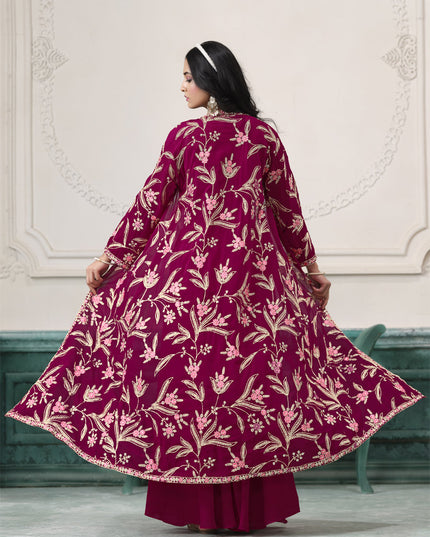 magenta faux georgette embroidered readymade indowestern