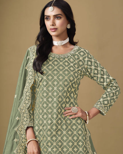 sage green art silk embroidered readymade lehenga kameez