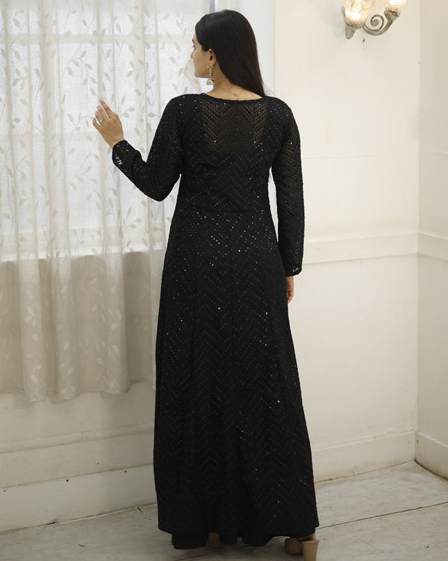 Black Rayon Gown with Crochet Work Georgette Shrug