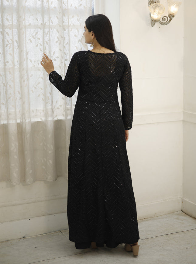 Black Rayon Gown with Crochet Work Georgette Shrug