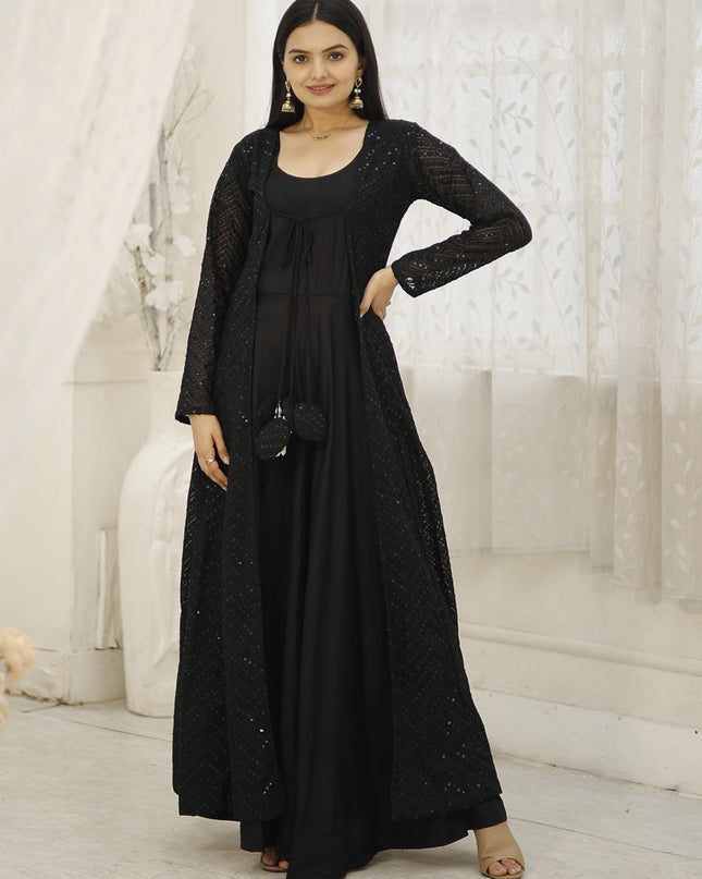 Black Rayon Gown with Crochet Work Georgette Shrug
