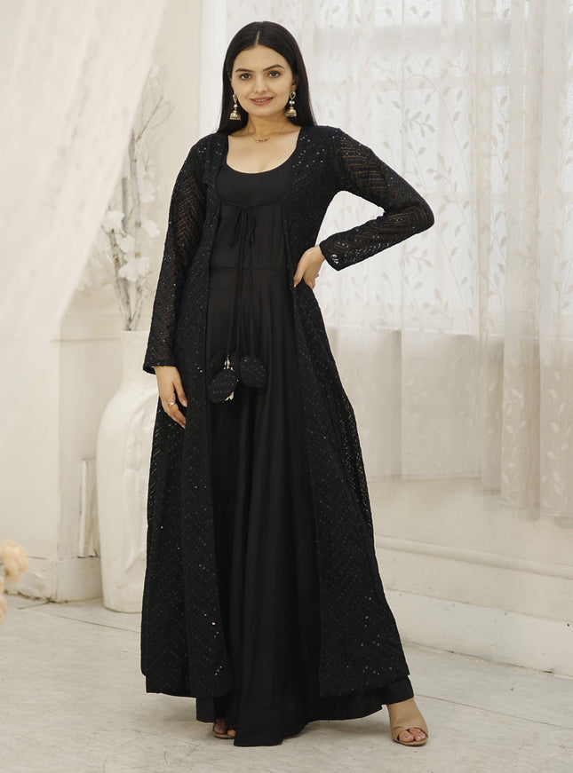Black Rayon Gown with Crochet Work Georgette Shrug