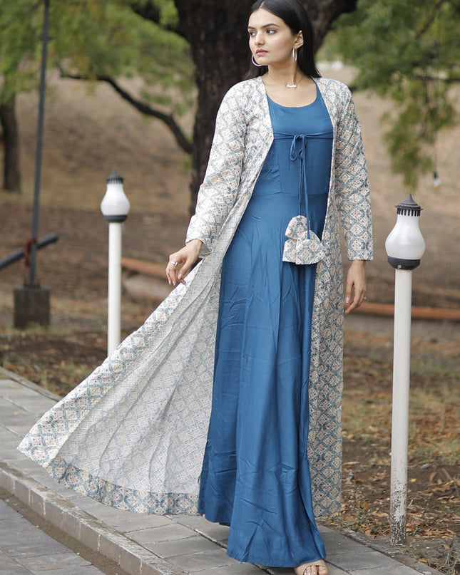 Peacock Blue Rayon Gown with Crochet Work Georgette Shrug