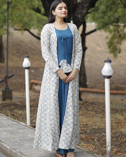Peacock Blue Rayon Gown with Crochet Work Georgette Shrug
