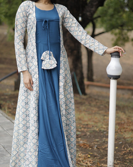 Peacock Blue Rayon Gown with Crochet Work Georgette Shrug