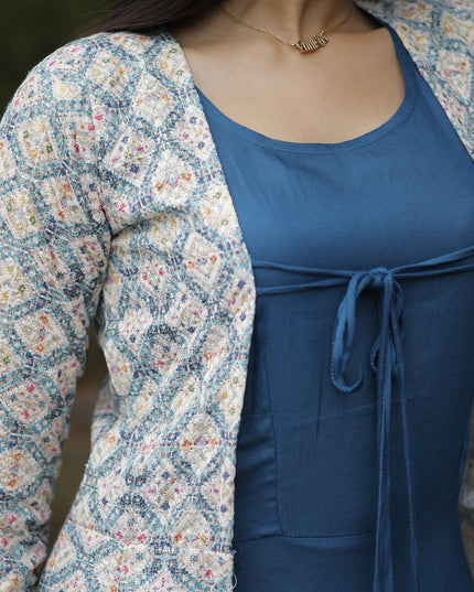 Peacock Blue Rayon Gown with Crochet Work Georgette Shrug