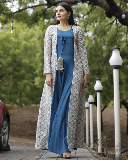 Peacock Blue Rayon Gown with Crochet Work Georgette Shrug