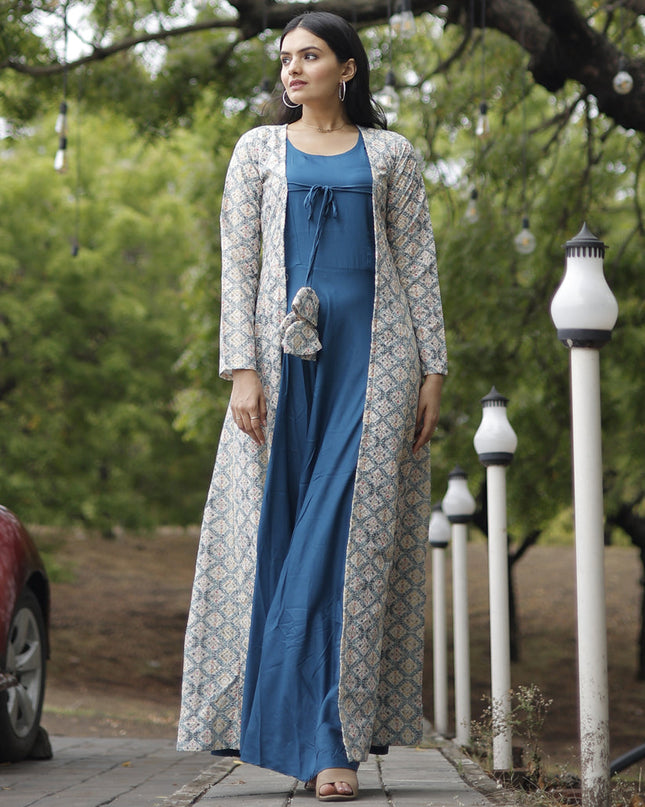 Peacock Blue Rayon Gown with Crochet Work Georgette Shrug