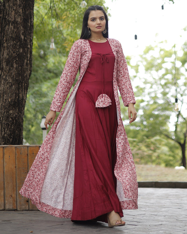 Carrot Red Rayon Gown with Crochet Work Georgette Shrug